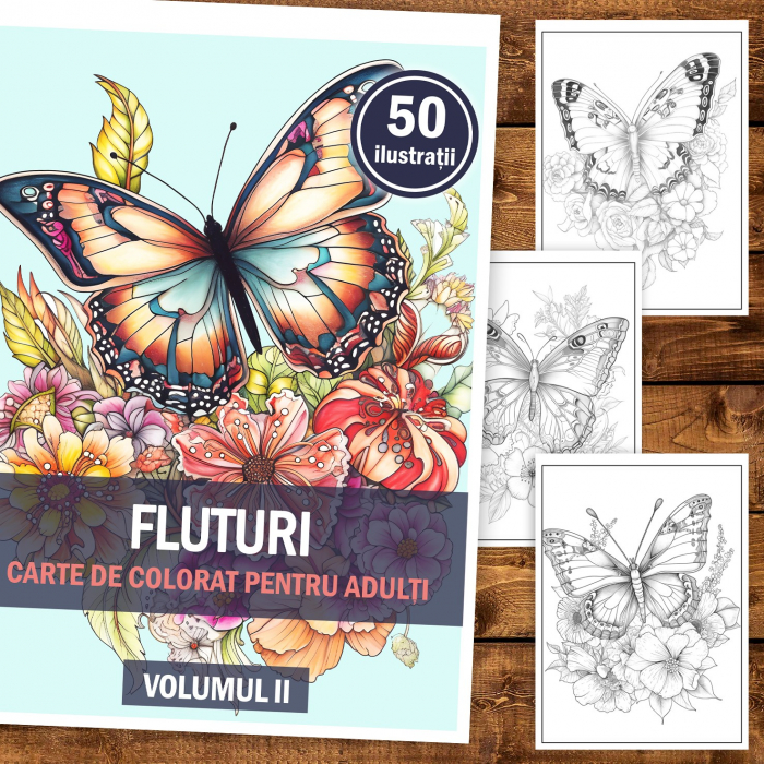 Carte de colorat, 50 de ilustratii, Fluturi - Volumul II, 106 pagini [2]