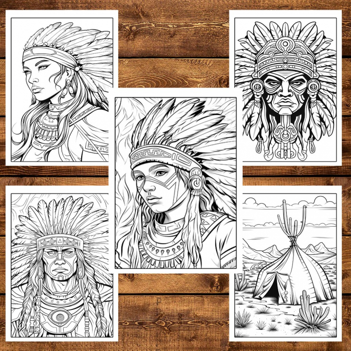 Carte de colorat, 50 de ilustratii, Native Americans, 106 pagini [5]