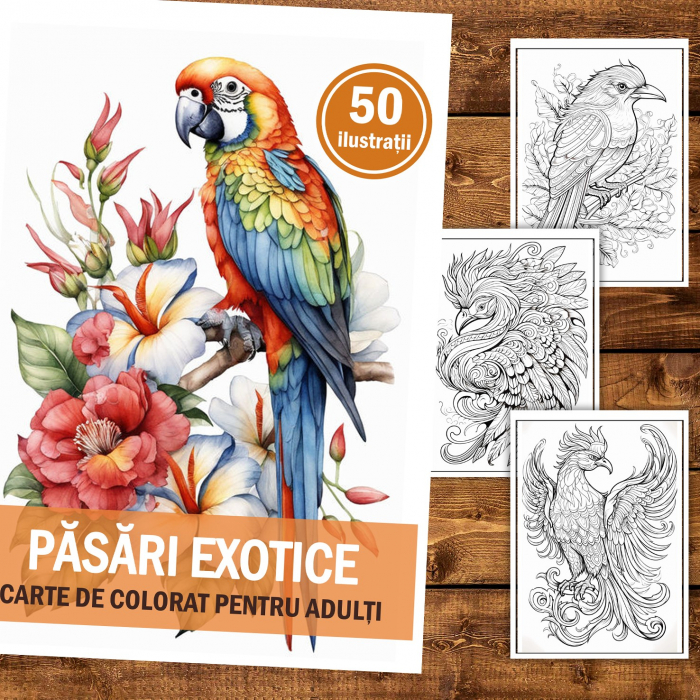 Carte de colorat, 50 de ilustratii, Pasari Exotice, 106 pagini [2]