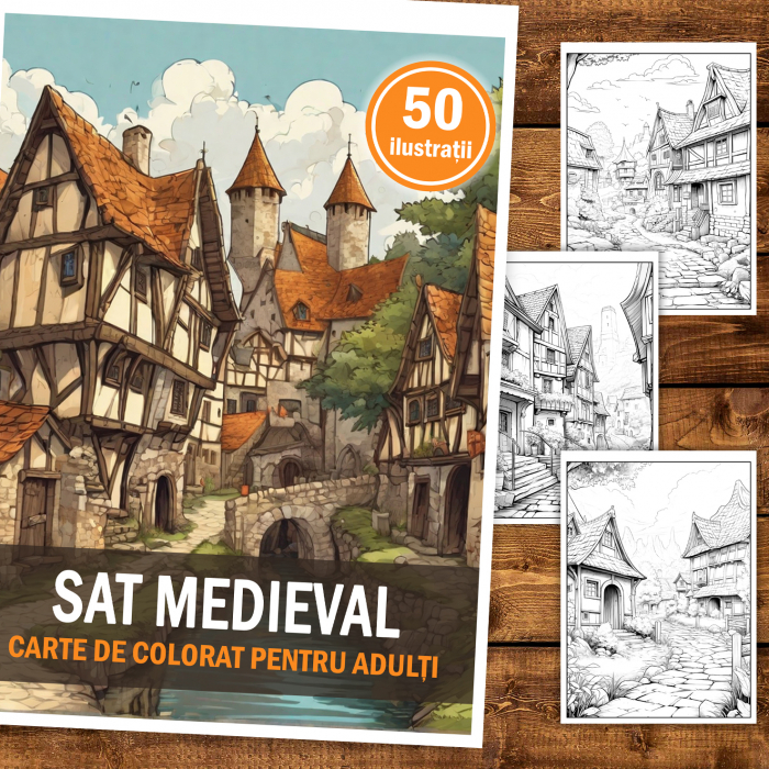 Carte de colorat, 50 de ilustratii, Sat Medieval, 106 pagini [2]