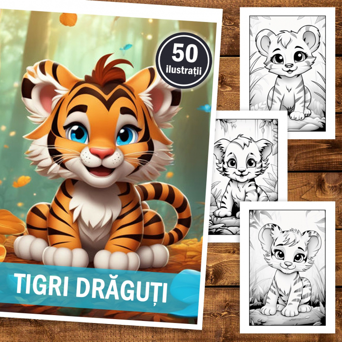 Carte de colorat, 50 de ilustratii, Tigri draguti, 106 pagini [2]