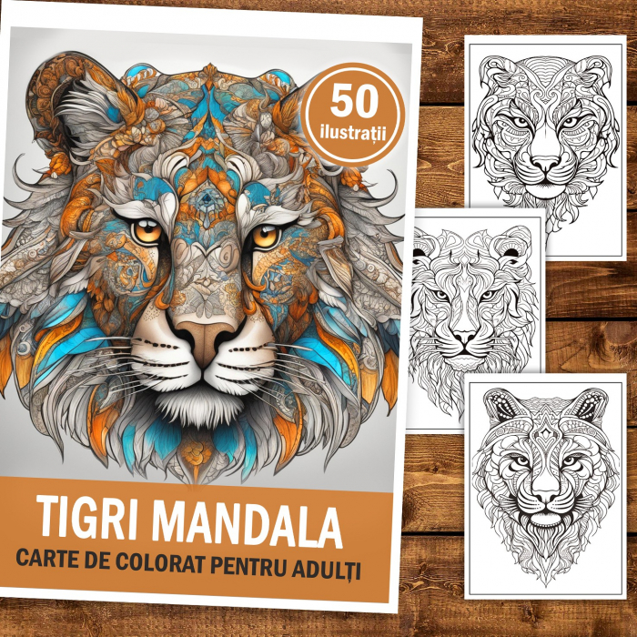 Carte de colorat, 50 de ilustratii, Tigrii Mandala, 106 pagini [1]