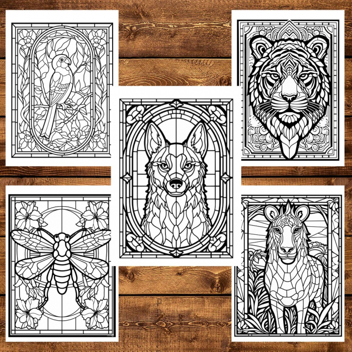 Carte de colorat, 50 de ilustratii, Vitralii cu Animale, 106 pagini [6]