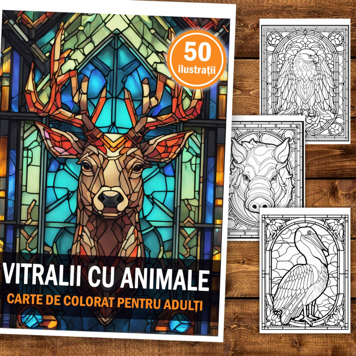 Carte de colorat, 50 de ilustratii, Vitralii cu Animale, 106 pagini [2]