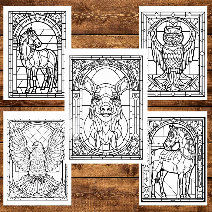 Carte de colorat, 50 de ilustratii, Vitralii cu Animale, 106 pagini [4]
