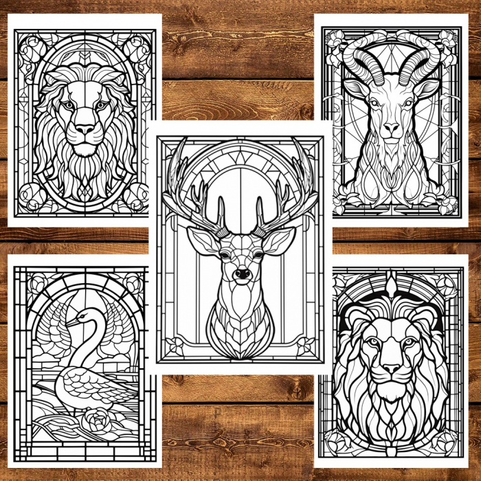 Carte de colorat, 50 de ilustratii, Vitralii cu Animale, 106 pagini [5]
