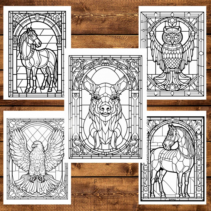 Carte de colorat, 50 de ilustratii, Vitralii cu Animale, 106 pagini [4]