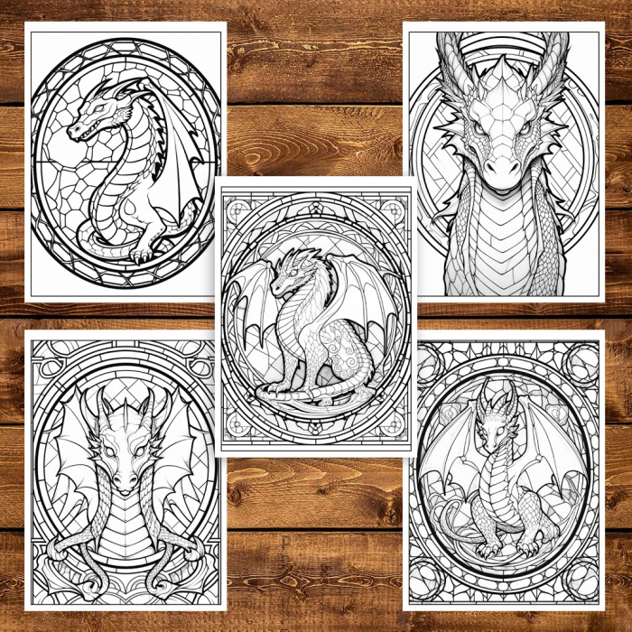 Carte de colorat, 50 de ilustratii, Vitralii cu Dragoni - Volumul I, 106 pagini [4]