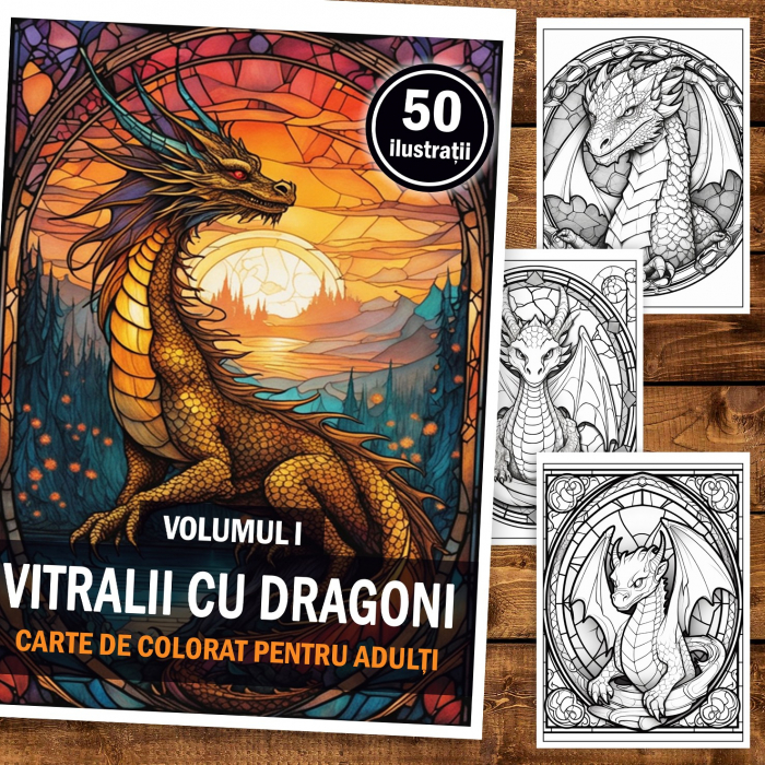 Carte de colorat, 50 de ilustratii, Vitralii cu Dragoni - Volumul I, 106 pagini [2]