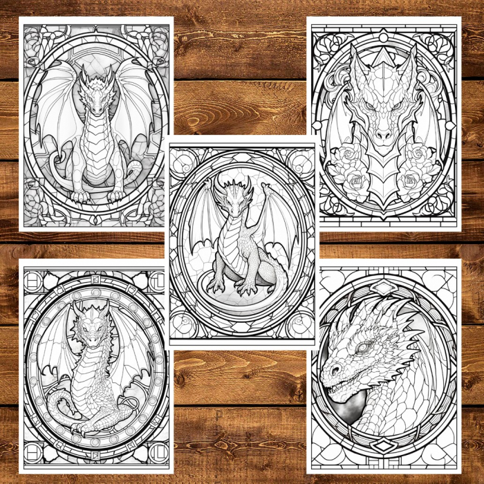 Carte de colorat, 50 de ilustratii, Vitralii cu Dragoni - Volumul I, 106 pagini [6]
