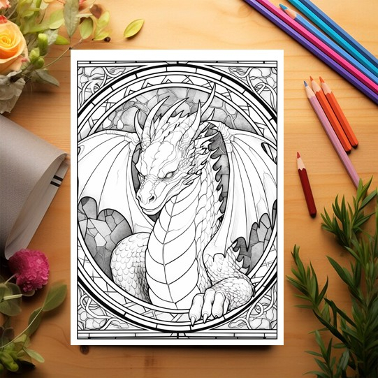 Carte de colorat, 50 de ilustratii, Vitralii cu Dragoni - Volumul I, 106 pagini [3]