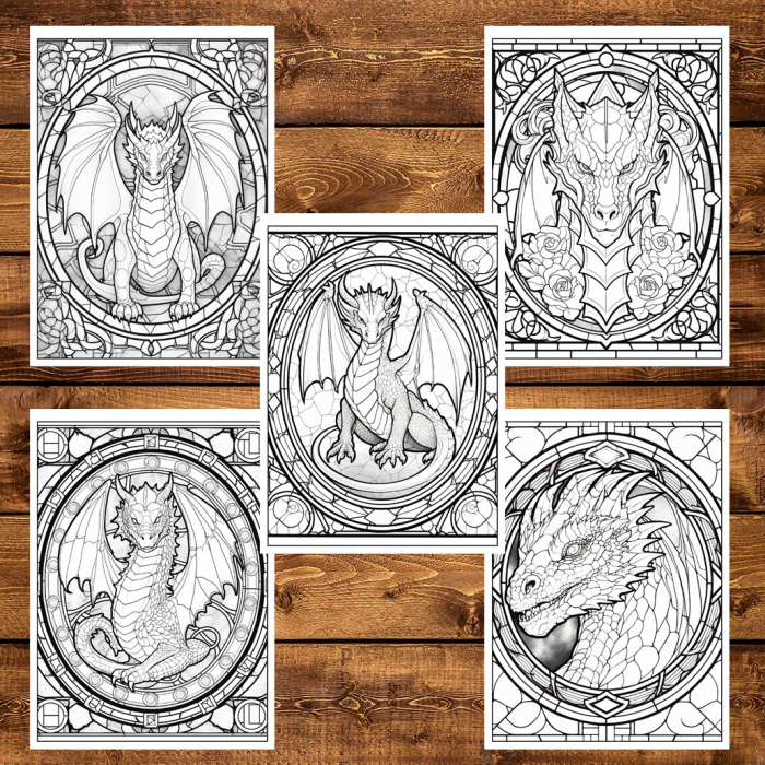 Carte de colorat, 50 de ilustratii, Vitralii cu Dragoni - Volumul I, 106 pagini [6]