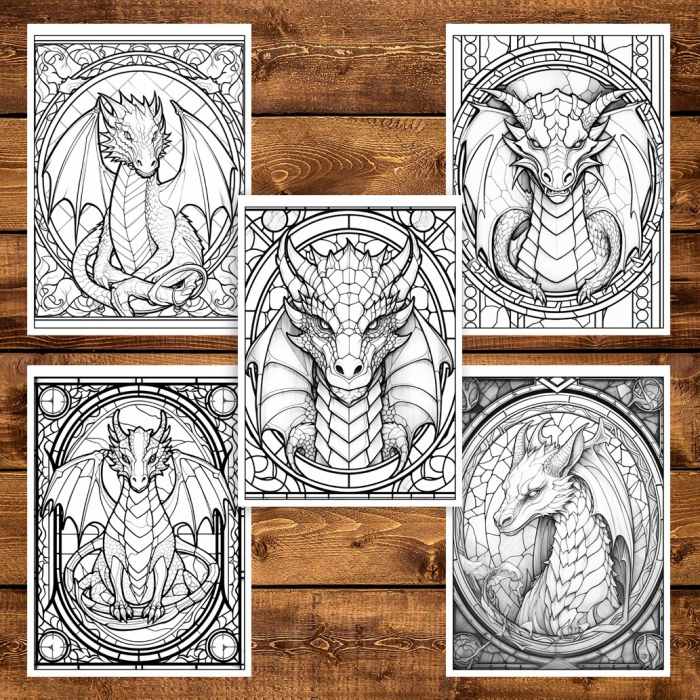 Carte de colorat, 50 de ilustratii, Vitralii cu Dragoni - Volumul II, 106 pagini [4]