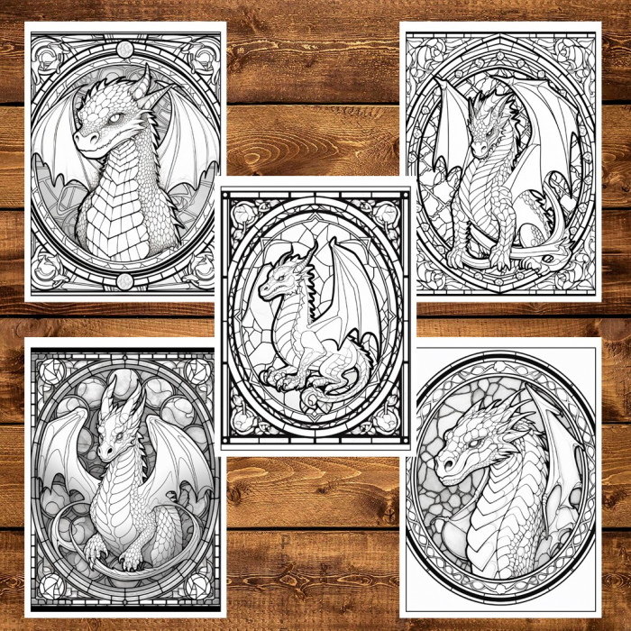 Carte de colorat, 50 de ilustratii, Vitralii cu Dragoni - Volumul II, 106 pagini [6]
