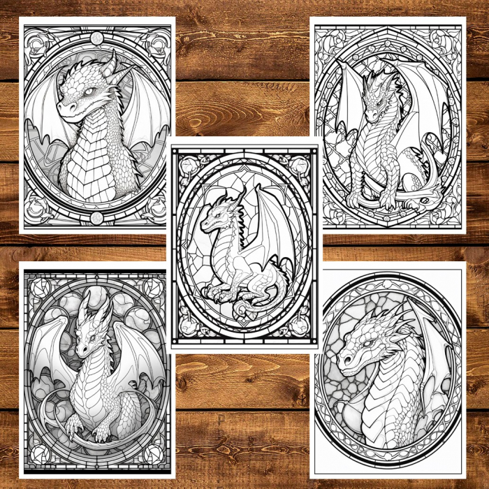 Carte de colorat, 50 de ilustratii, Vitralii cu Dragoni - Volumul II, 106 pagini [6]