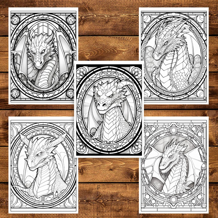 Carte de colorat, 50 de ilustratii, Vitralii cu Dragoni - Volumul II, 106 pagini [5]