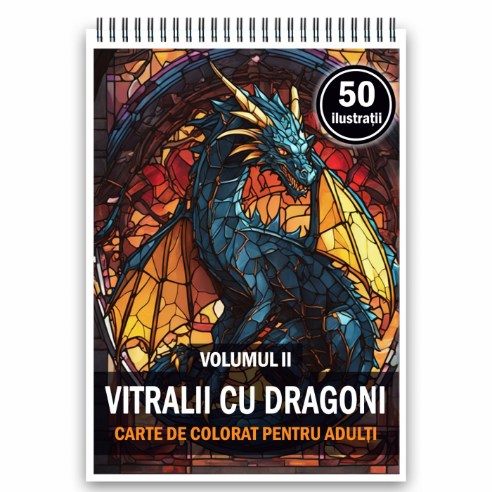 Carte de colorat, 50 de ilustratii, Vitralii cu Dragoni - Volumul II, 106 pagini [1]