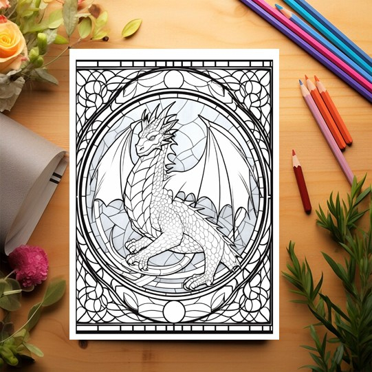Carte de colorat, 50 de ilustratii, Vitralii cu Dragoni - Volumul II, 106 pagini [3]