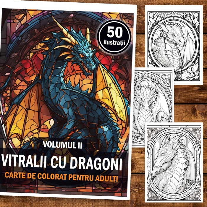 Carte de colorat, 50 de ilustratii, Vitralii cu Dragoni - Volumul II, 106 pagini [2]