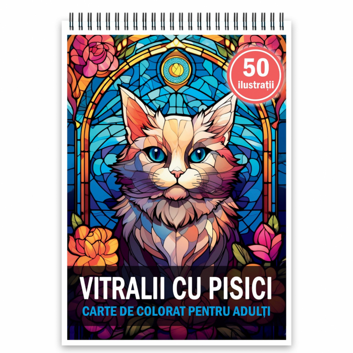 Carte de colorat, 50 de ilustratii, Vitralii cu Pisici, 106 pagini [1]