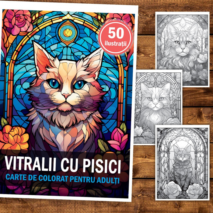 Carte de colorat, 50 de ilustratii, Vitralii cu Pisici, 106 pagini [2]