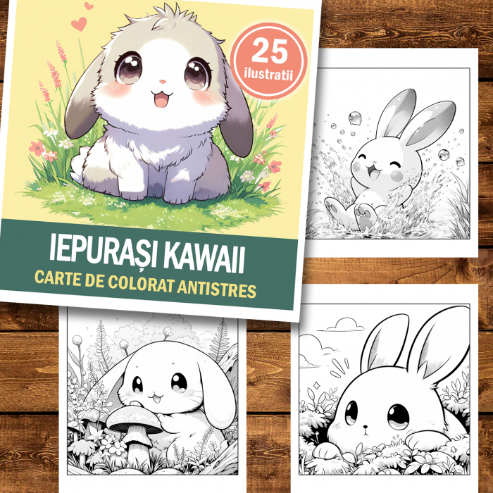 Carte de colorat antistres , 25 de ilustratii Iepurasi Kawaii, 56 pagini [2]
