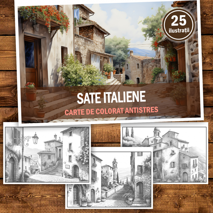 Carte de colorat antistres , 25 de ilustratii Sate Italiene, 56 pagini [2]