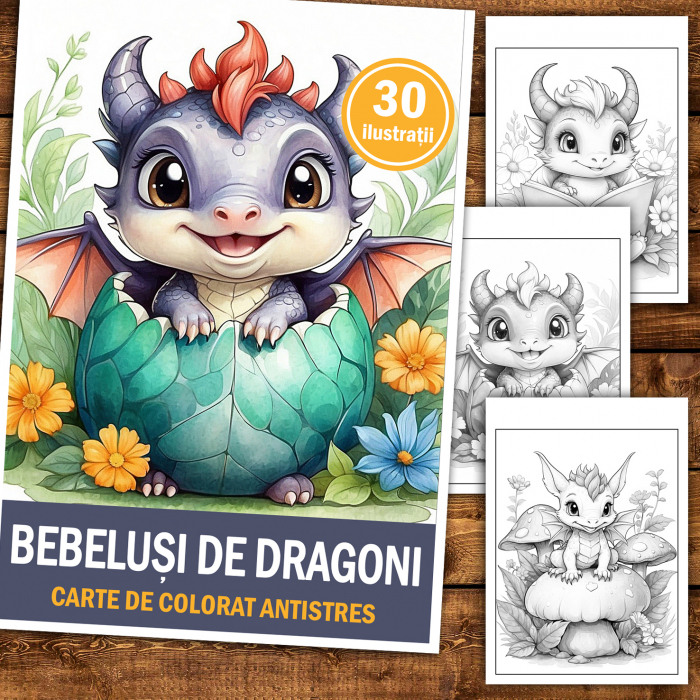 Carte de colorat antistres , 30 de ilustratii Bebelusi de Dragoni, 66 pagini [2]