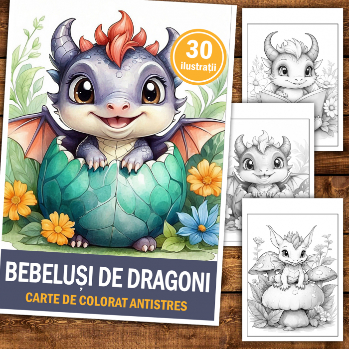 Carte de colorat antistres , 30 de ilustratii Bebelusi de Dragoni, 66 pagini [2]