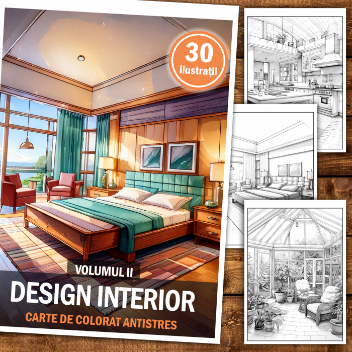 Carte de colorat antistres , 30 de ilustratii Design interior - Volumul II, 66 pagini [2]