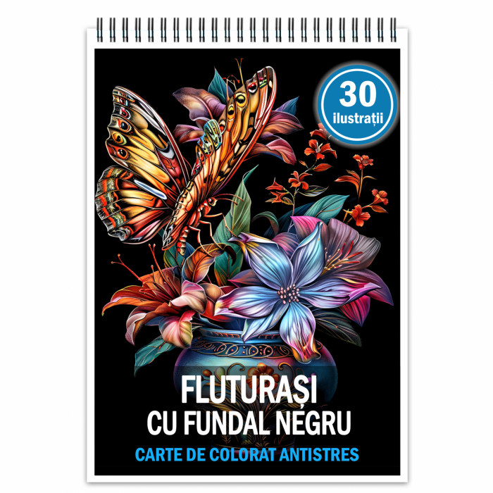 Carte de colorat antistres , 30 de ilustratii Fluturasi cu fundal negru, 66 pagini [1]