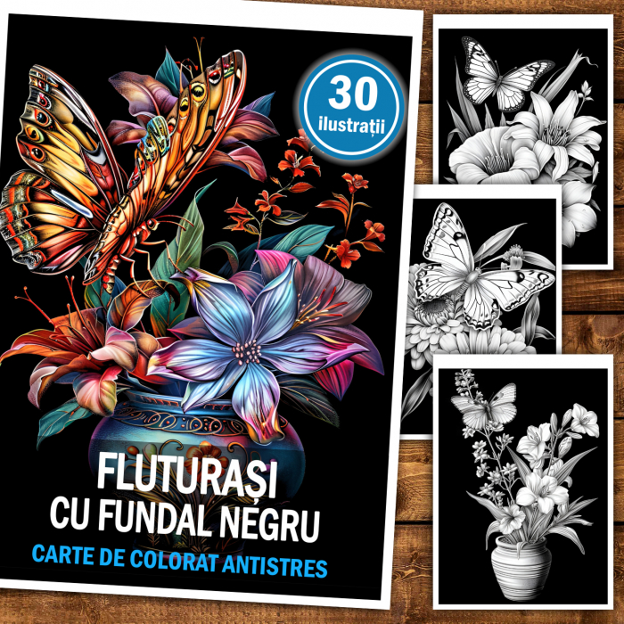 Carte de colorat antistres , 30 de ilustratii Fluturasi cu fundal negru, 66 pagini [2]