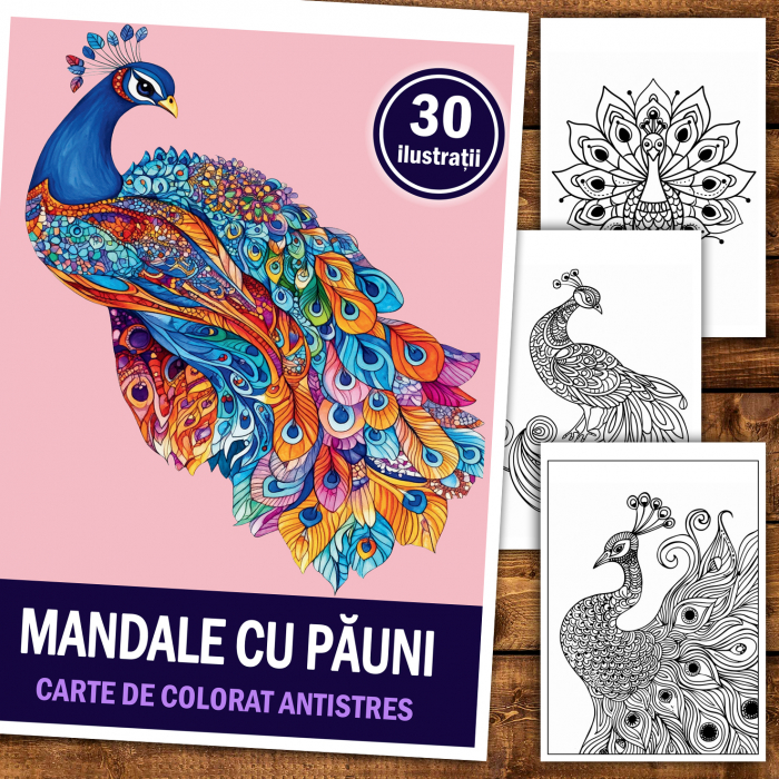 Carte de colorat antistres , 30 de ilustratii Mandale cu pauni, 66 pagini [2]
