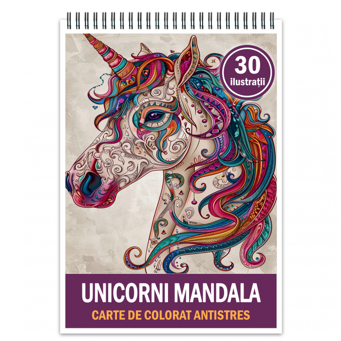 Carte de colorat antistres , 30 de ilustratii Unicorni Mandala, 66 pagini [1]