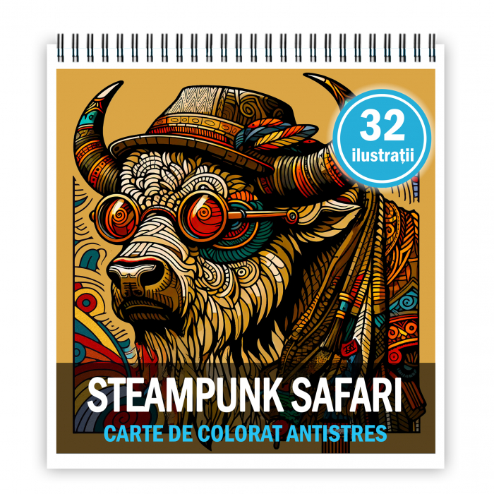Carte de colorat antistres , 32 de ilustratii Steampunk Safari, 70 pagini [1]