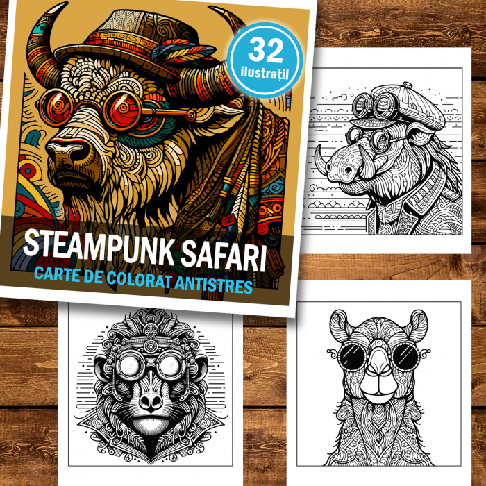 Carte de colorat antistres , 32 de ilustratii Steampunk Safari, 70 pagini [2]