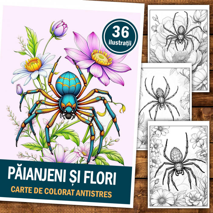 Carte de colorat antistres , 36 de ilustratii Paianjeni si Flori, 78 pagini [2]