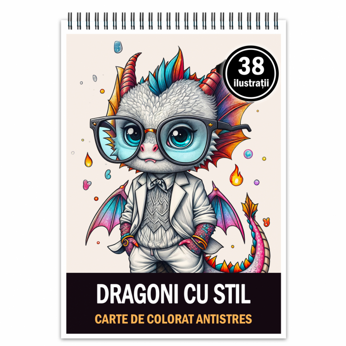 Carte de colorat antistres , 38 de ilustratii Dragoni cu stil, 84 pagini [1]