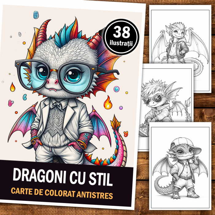 Carte de colorat antistres , 38 de ilustratii Dragoni cu stil, 84 pagini [2]
