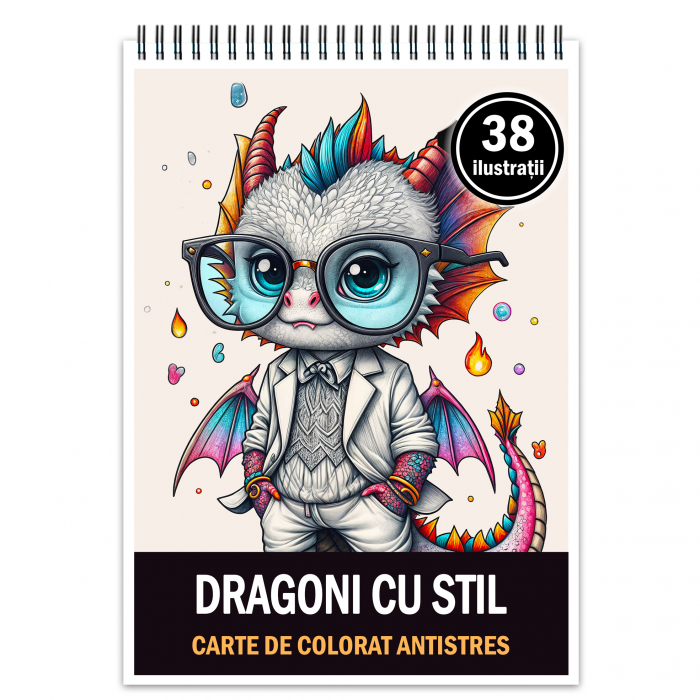 Carte de colorat antistres , 38 de ilustratii Dragoni cu stil, 84 pagini [1]
