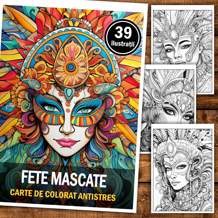 Carte de colorat antistres , 39 de ilustratii Fete Mascate, 84 pagini [2]