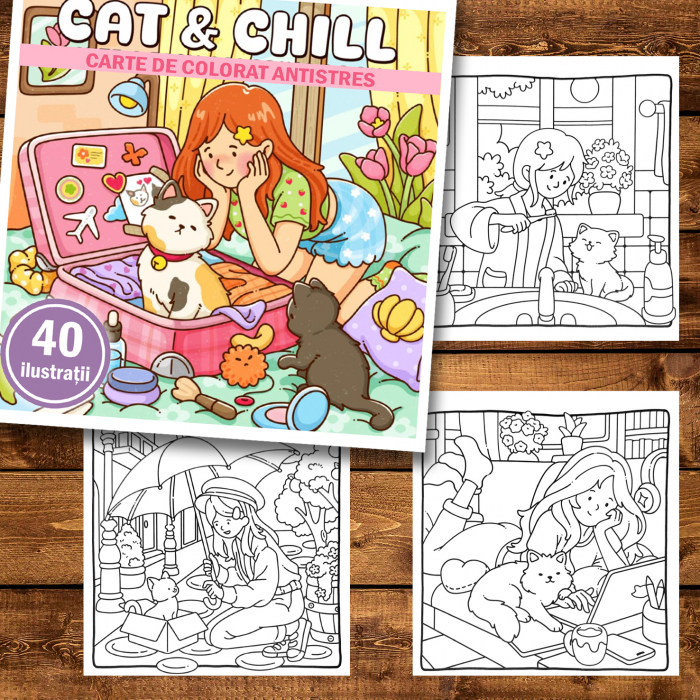 Carte de colorat antistres , 40 de ilustratii Cat and Chill, 86 pagini [2]