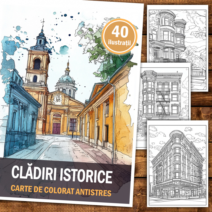 Carte de colorat antistres , 40 de ilustratii Cladiri Istorice, 86 pagini [2]