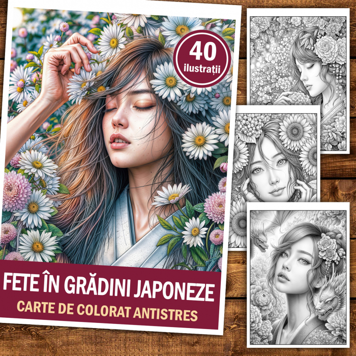 Carte de colorat antistres , 40 de ilustratii Fete in gradini japoneze, 86 pagini [2]