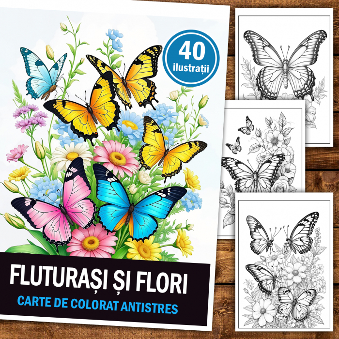 Carte de colorat antistres , 40 de ilustratii Fluturasi si Flori, 96 pagini [2]
