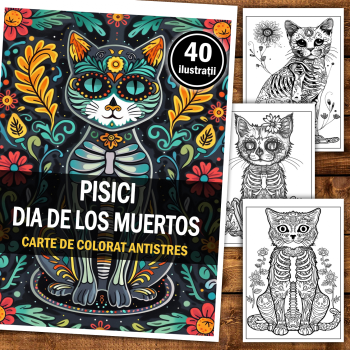 Carte de colorat antistres , 40 de ilustratii Pisici Dia de los Muertos , 86 pagini [2]