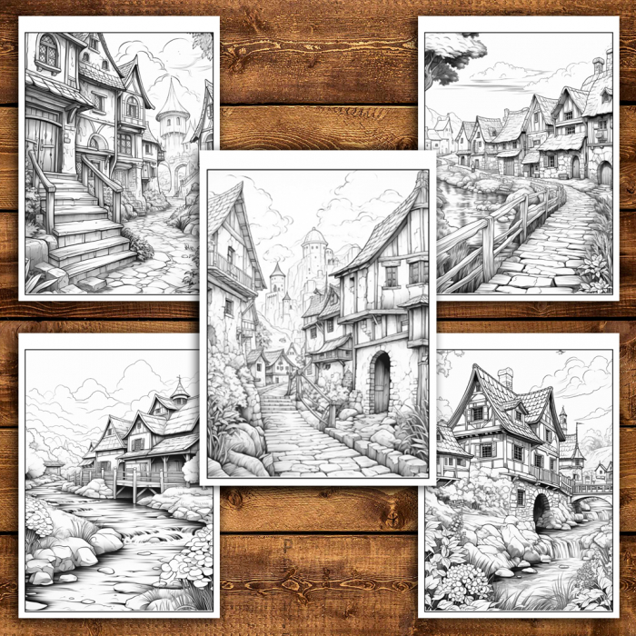 Carte de colorat antistres , 40 de ilustratii Sat Medieval - Volumul III, 86 pagini [5]