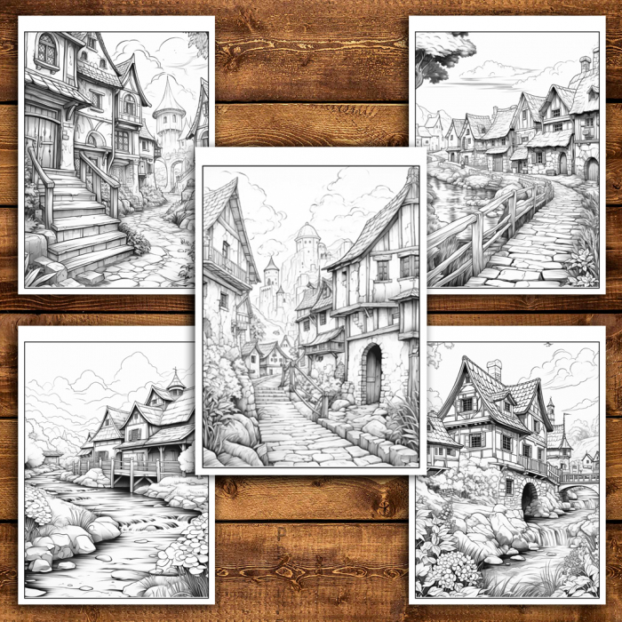 Carte de colorat antistres , 40 de ilustratii Sat Medieval - Volumul III, 86 pagini [5]