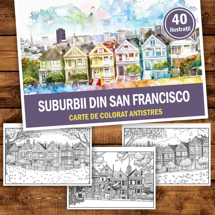 Carte de colorat antistres , 40 de ilustratii Suburbii din San Francisco, 86 pagini [2]