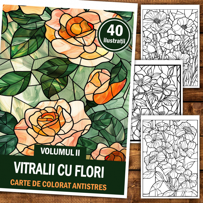 Carte de colorat antistres , 40 de ilustratii Vitralii cu Flori - Volumul II, 86 pagini [2]